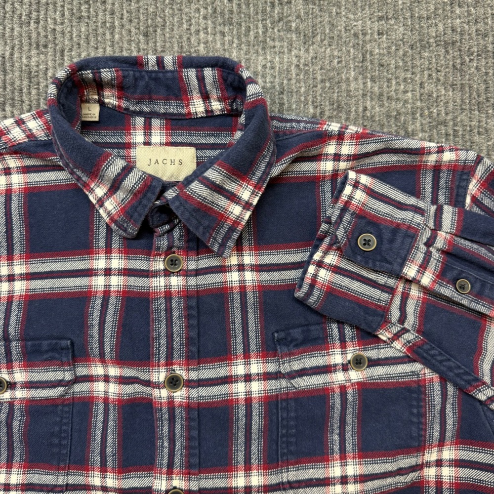 JACHS Flannel Shirt Mens Large Blue Red Plaid‎ Button Down 100% Cotton